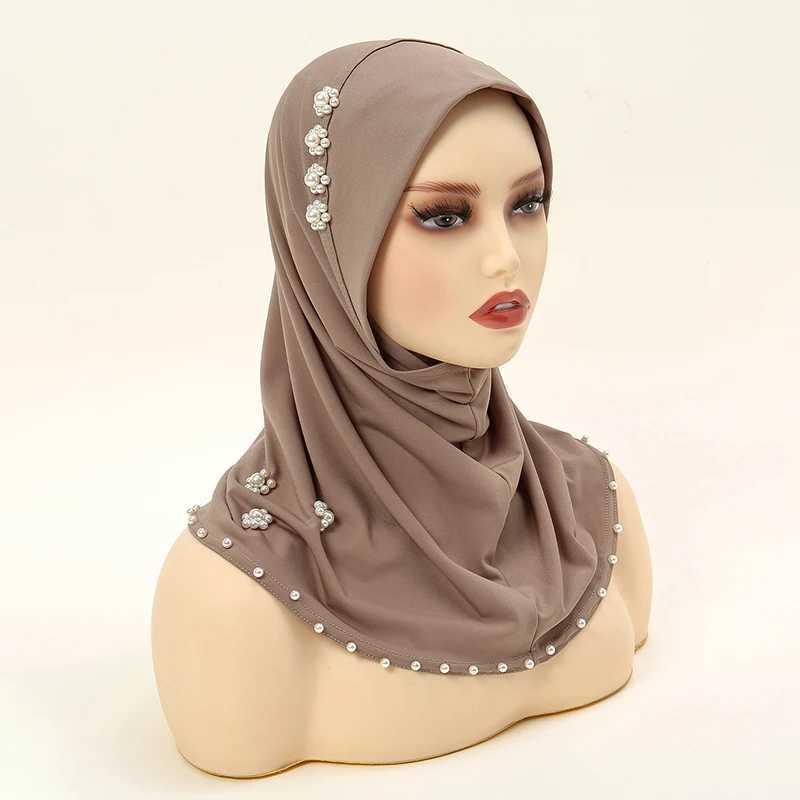 Hijabs Женщины мгновенный шарф хиджаба с жемчугом мусульманский премиум -джерси шарф шарф пленка мягкая тюрбана, атака