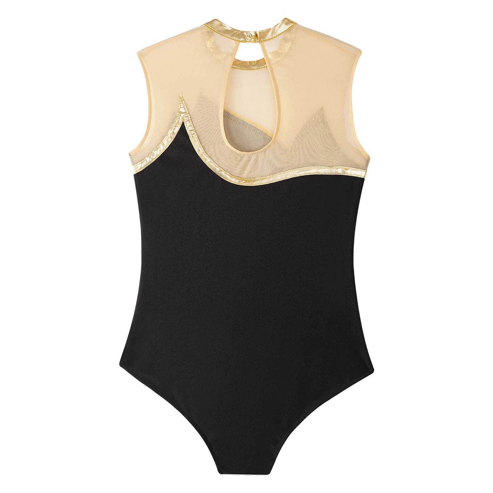 Porte des filles girls gymnastique juge de juge sans manches brillante ballet métallique dance justaucorps bodySuit Performance de scène costume de danse d240425