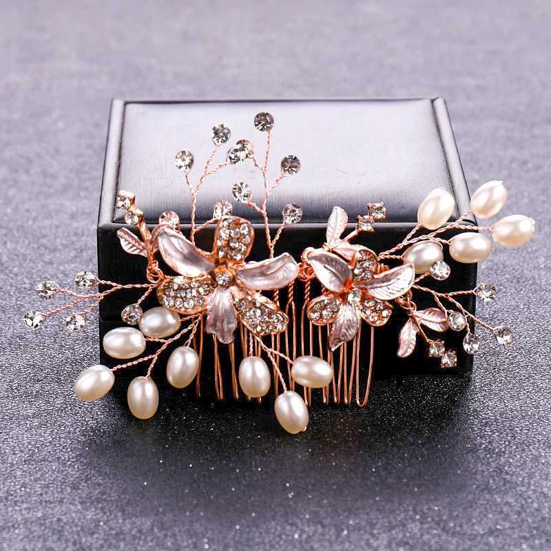 Wedding Hair Jewelry Rose Gold Color Crystal Pearl Flower Hair Comb Hairpin Headband For Women Bride Wedding Bridal Hair Accessories Jewelry Comb d240425