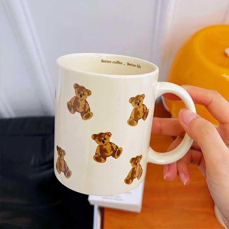 Tumblers 450ml Cute Bear Mug Ceramic Cup Fun And Novel Gift For Ladies Girls Coffee Drinking Water H240425