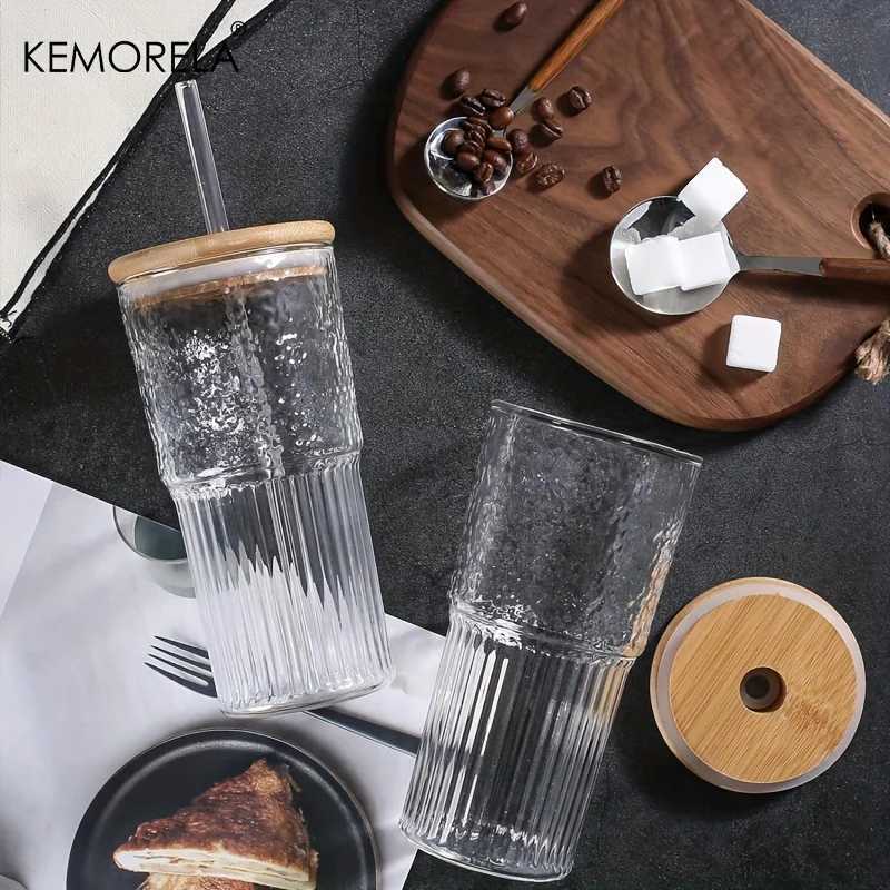 Tumblers 500ml Ribbed Glassware Glass Cup With Lid and Straw Drinking Glasses Cocktail Beer Iced Coffee Mug Juice Tea Water Cups H240425