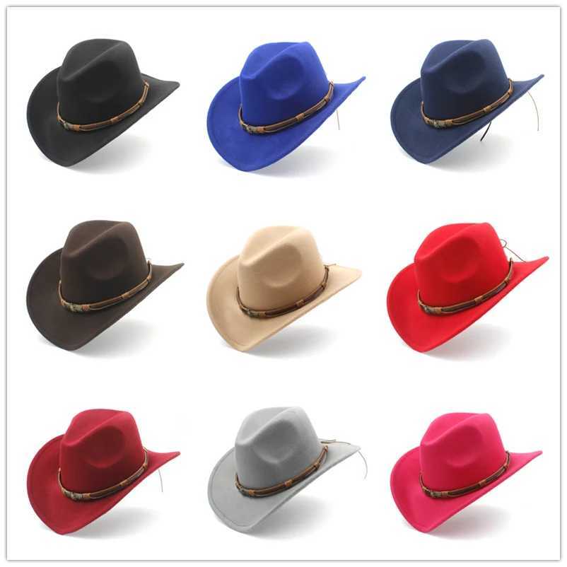 Chapéus de aba larga Chapéus de balde feminino e homem de lã Hollo ocidental de cowboy com uma banda de moda cavalheiro e damas jazz jazz toca chapéu de palha y240425