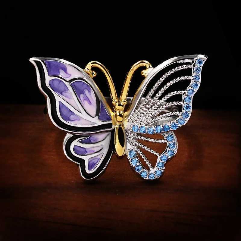 Band Rings Luxury 925 Серебряная свадьба для женщин Эмале милая элегантная бабочка голубо