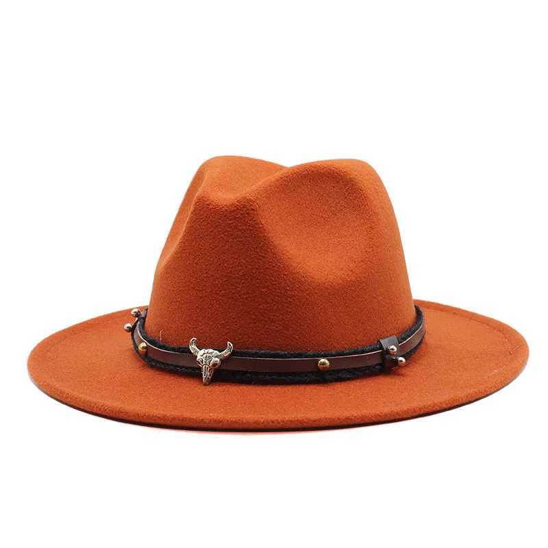 Brede rand hoeden emmer hoeden warme fedoras hoeden voor mannen cowboy hoed tauren riem geel zwart joker mode kerk jazz cap brim fedora maat 55-61 cm y240425