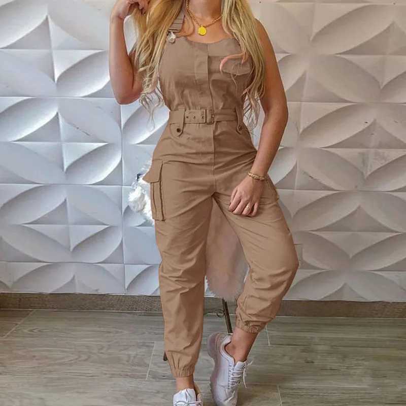 Kvinnors jumpsuits rompers Womens Jumpsuit High midja Slim Solid Pockets lastbyxor Axless Casual Full Set Jumpsuit Y240425