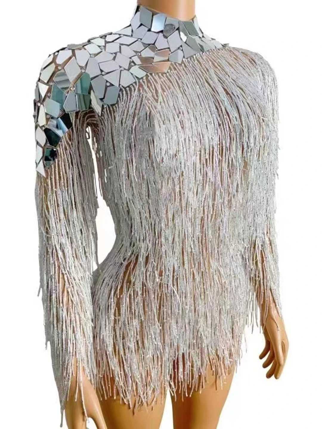 Scena zużycie migające lustro na ramię srebrne frędzle strój urodzinowe urodziny świętowanie kostiumów tancerz tassel