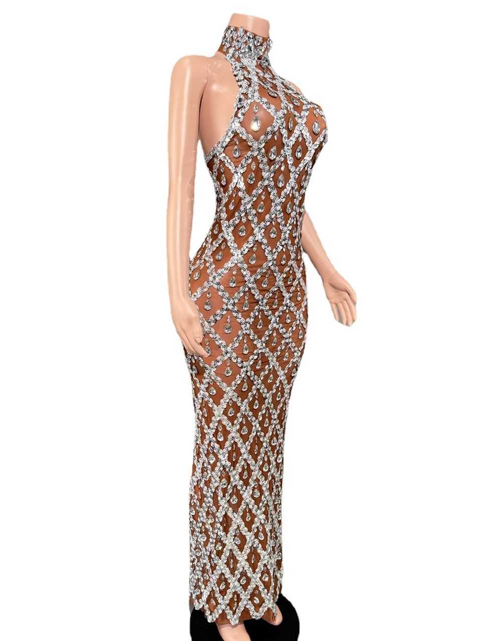 Stage Wear Sparkly Rhinestones Mouwess Long Dress Elegant Dark Mesh Vier Avond Wedding Prom jurk verjaardagsjurk Foto Wear D240425