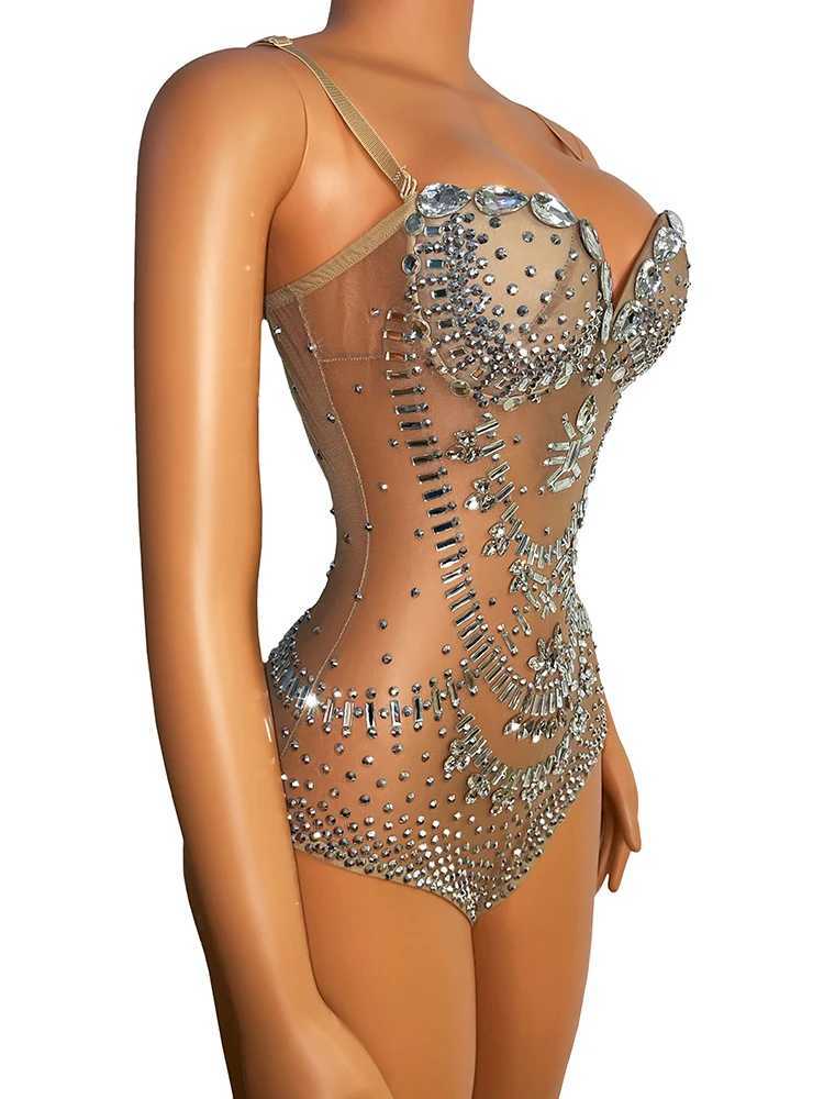 Scen Wear Sparkly Silver Crystals Leotard Sexig Mesh Club Outfit Fira kvinnlig sångare DJ Rhinestones Bodysuit Dance Costume Scen Wear D240425