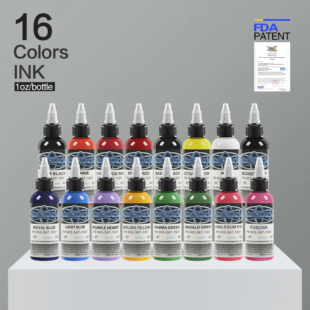 tattoo inkt fusion tattoo inks 16 kleuren ingesteld 1 oz 30 ml/fles tattoo pigmentkit voor 3D make -up schoonheid huidlichaam kunst.