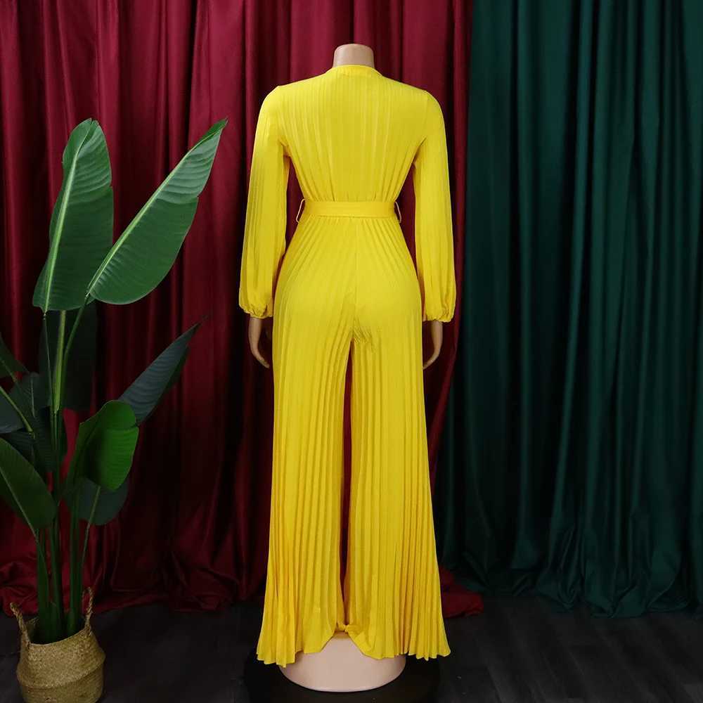 Women's Jumpsuits Rompers Wrinkle jumpsuit and jumpsuit 2024 full Sleve V-neck belt floor length elegant womens birthday party dinner set Y240425