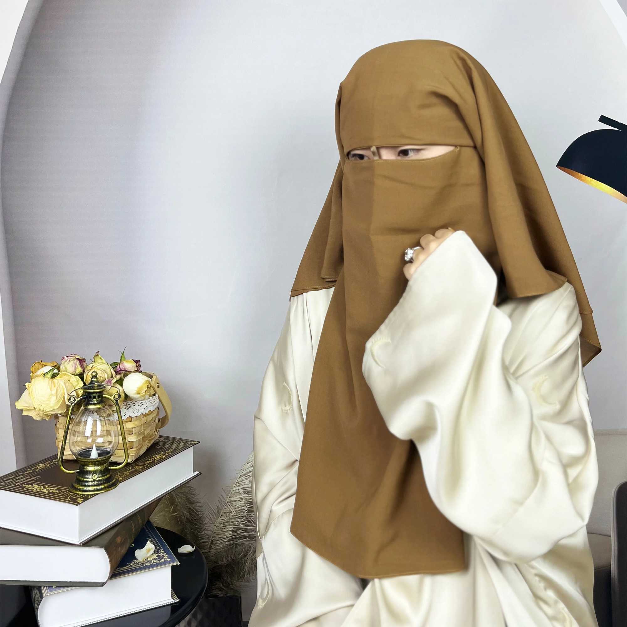 Hijabs Mellanöstern hijab muslimsk dubbel lager komposit chiffong mesh ansiktsmask remmar kvinnor mode slöja d240425