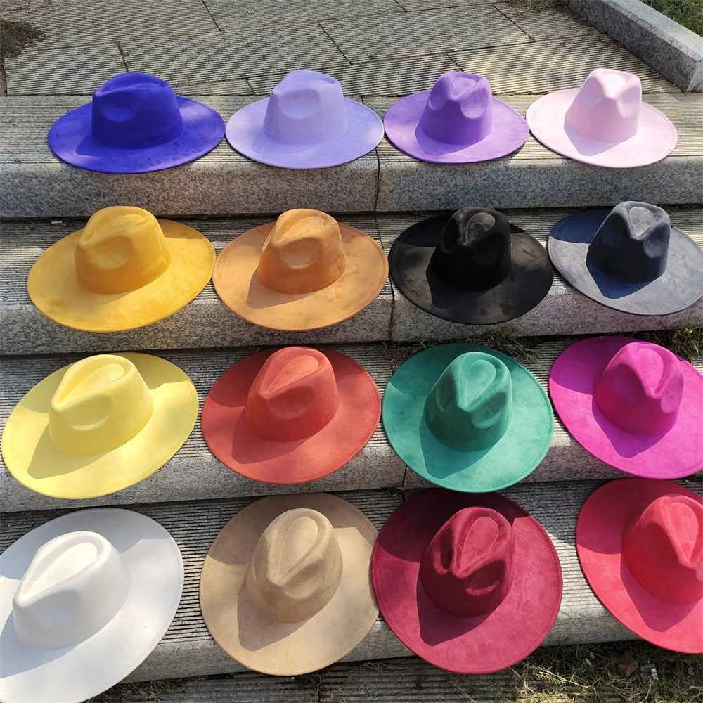 قبعات واسعة الحافة القبعات دلو 2024 من جلد الغزال الملون شعرت قبعة فيدورا للنساء الرجال جاز جاز بانما دنيم قبعة الجملة J240425