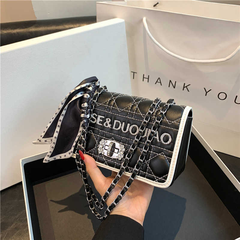 Designer end chain small square womens fashionable grid embroidered thread single stylish bag