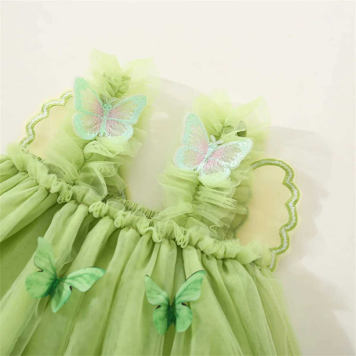 Girl's Jurken Summer Girls Princess Party Birthday Performance Dress Jurk Butterfly Wing Strap Solid Mesh Dress D240425