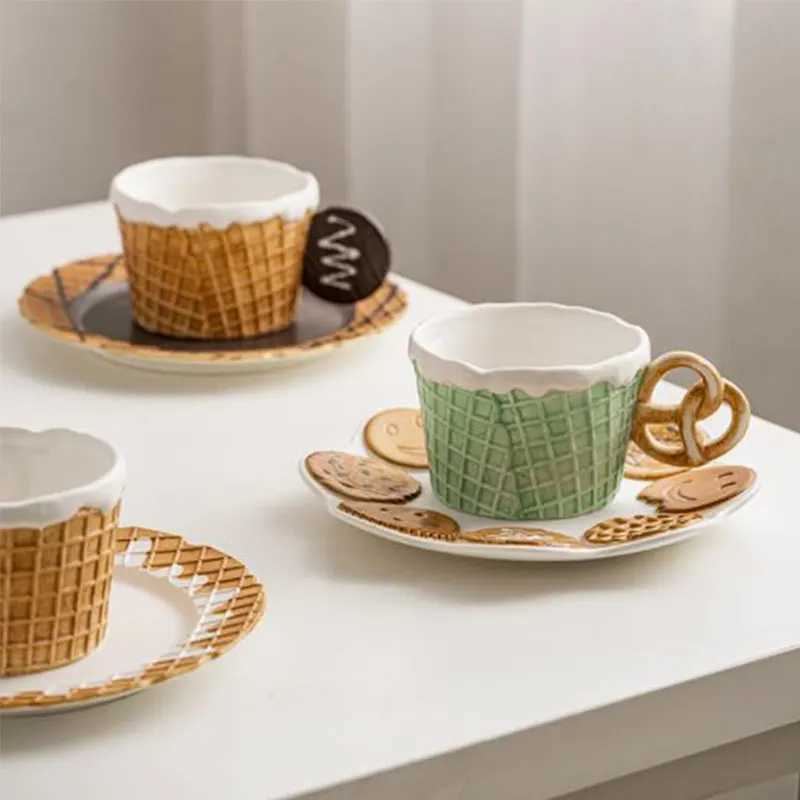 Gobelets mignonnes waffle biscuit série de forme tasse tasses à café avec poignée petit-déjeuner tasse à tasse à thé cadeau de desserts pour amis filles h240425