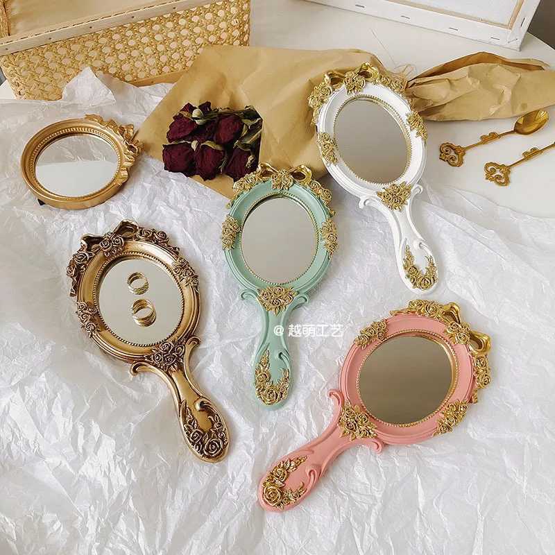 Speglar retro handtag spegel som håller handhållen spegel oval hotell ta foton antik barock gyllene harts spegel heminredning makeup verktyg