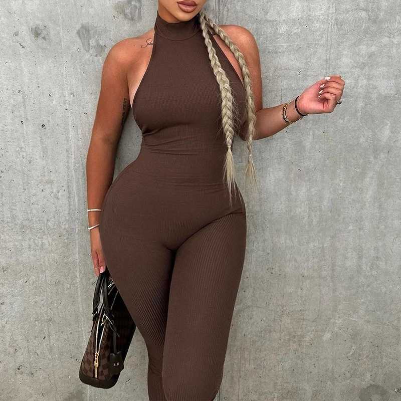 Women's Jumpsuits Rompers Summer Black Jumpsuits Women Strtwear Turtleneck Slveless Sexy Backless Bodycon Rompers Club Casual Skinny Sports Jumpsuits Y240425