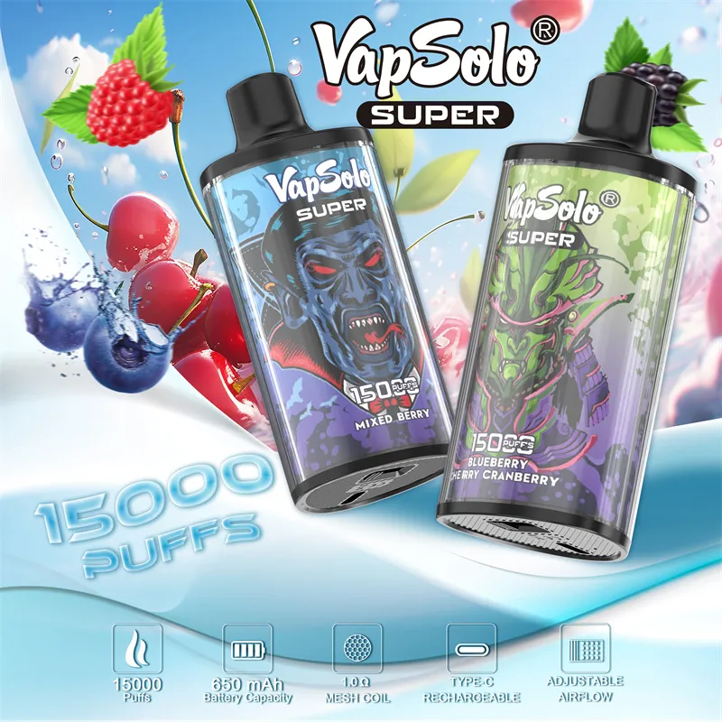 Vapsolo Super 15000 Puffs 15K Kits de vapeur de module de vape jetable Mod de vapeur Esmoke Ecigs Good Vapes Juice Vaper Wape 2% 5% Nicotine Eliquid Rechargeable Type C