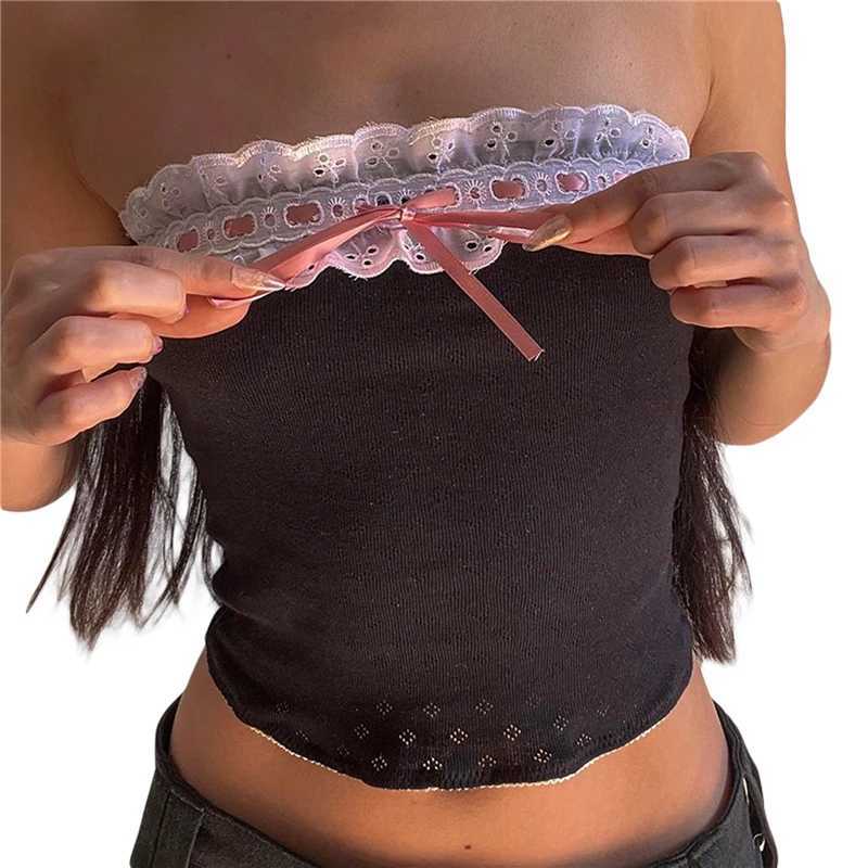 Tanks de mujer Camis Xingqing Y2K Estética Fairycore Grunge Crop Top Pathwork Off Shoulder Bandeau Chaleco 2000 Mujeres Ts Strtwear Y240420