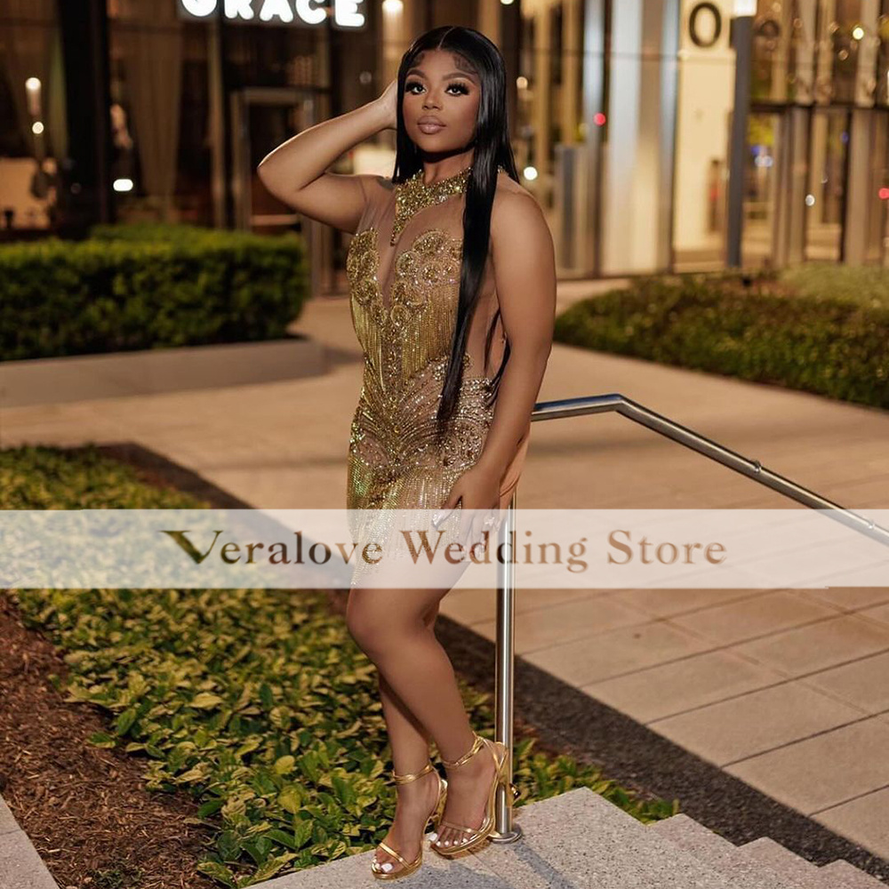 Sexy Diamond Gold Prom Dresses For Black Girls Women Mini Birthday Party Gowns Rhinestone Vestidos De Gala