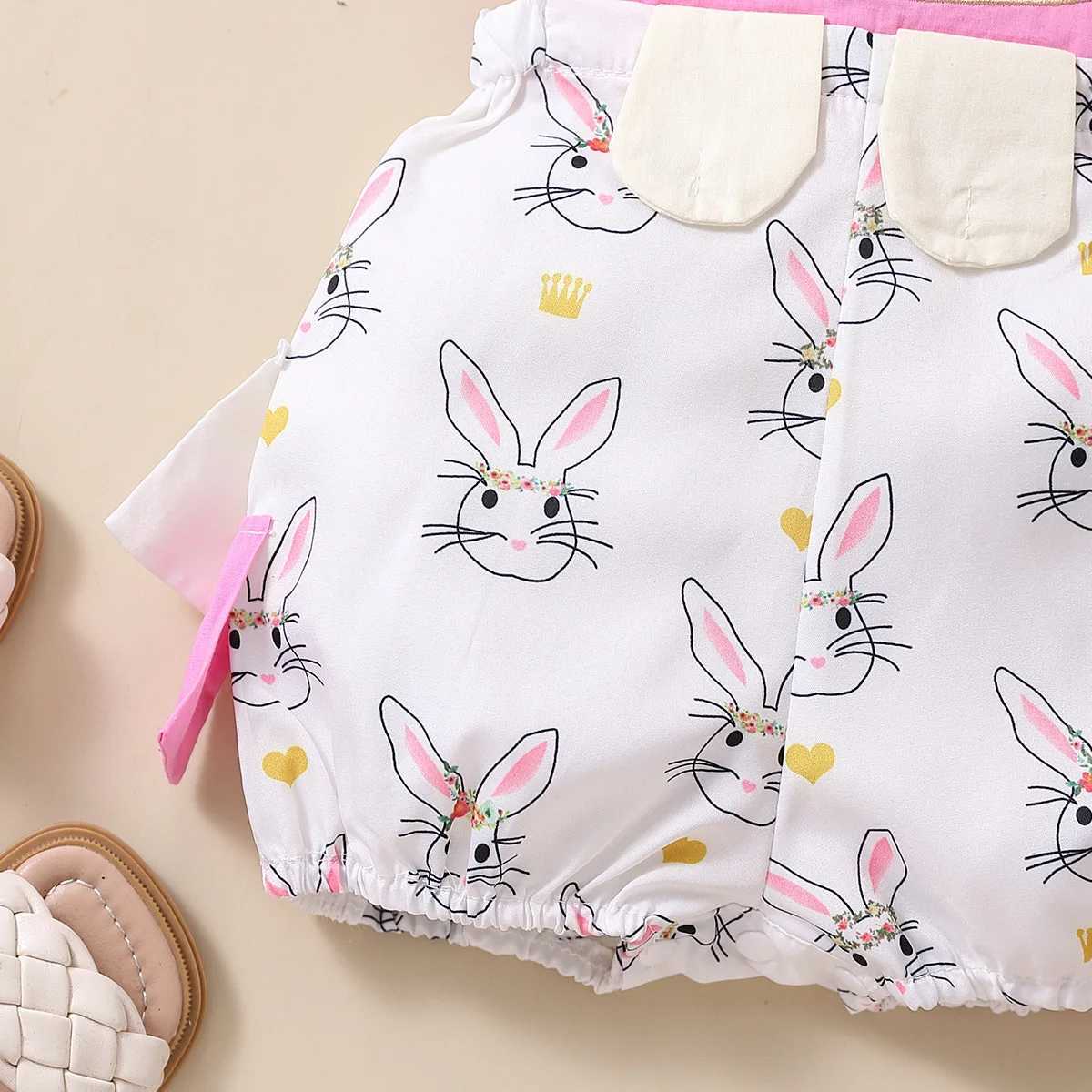 Rompers Summer Girls Cute Futterfly Sleeve Stitching Bow Rabbit Mönster One-Piece Kids Cartoon Cute One-Piece Romper Baby Easter Costume D240425