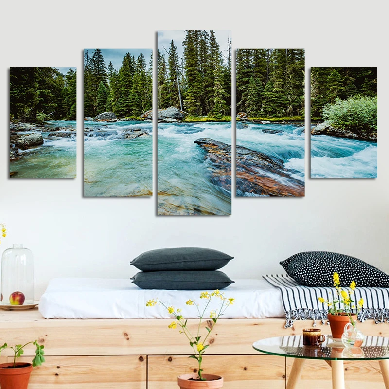 5 Panel Spring River HD Pictures Canvas Måla grönt bergsvattenfall Landskapsaffischer och tryck för vardagsrumsdekor