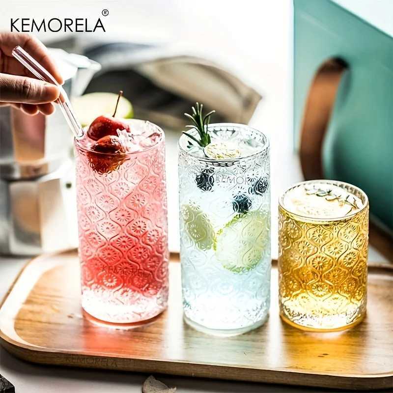 Tumblers 400ML Round Glass Cups Vintage Glassware Embossed Pattern Style Transparent Cocktail Glasses Set For Bar Beverages Coffee H240425