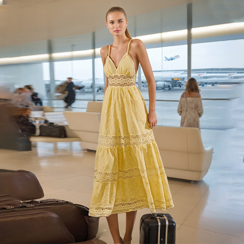 416 XL 2024 Milan Runway Dress Spring Summer sin mangas de encaje Bordado amarillo Correa de espagueti Falda Vestido para mujeres Fashion Boka de alta calidad
