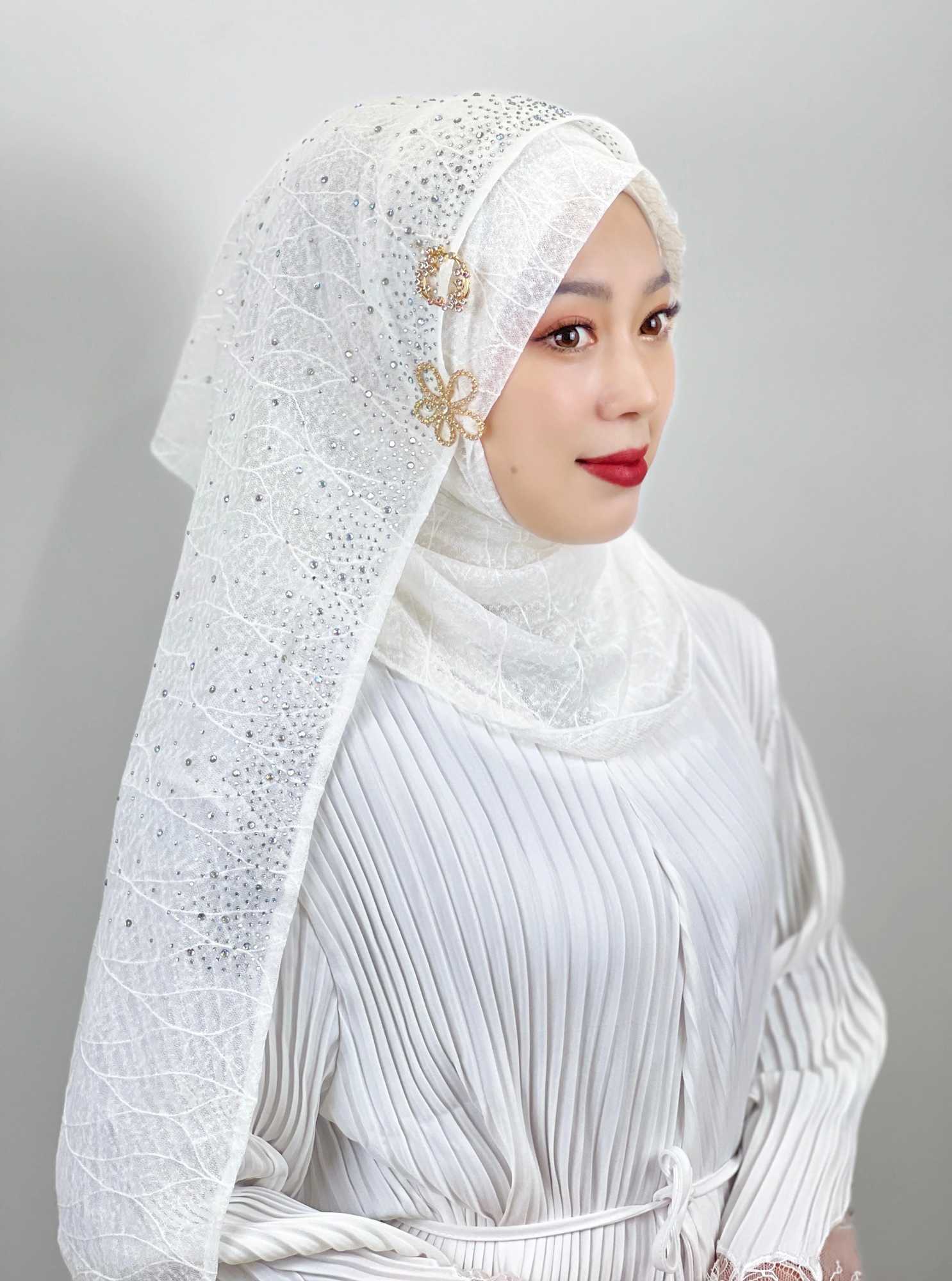 Hijabs muslimska hijab mesh texturerade turban heta diamanter eleganta muslimska kvinnor hijabs skicka hår tillbehör hijab islam muslimsk halsduk d240425