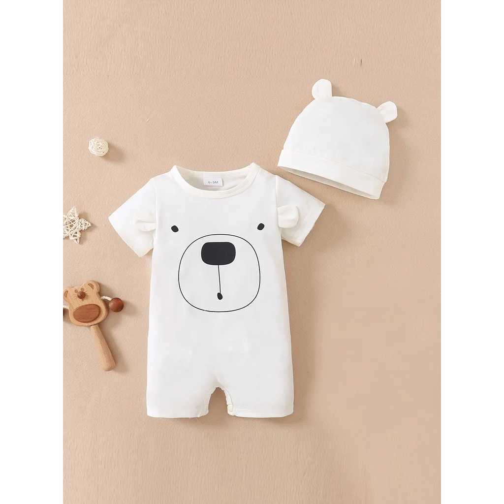 Rompers Baby Boy 0-18 miesięcy Romper Nowonarodzony Ubranie dla dzieci Śliczne niedźwiedzie krótkie rękawy Bodysit with Hat Summer Infant Baby Baby TUBUT D240425