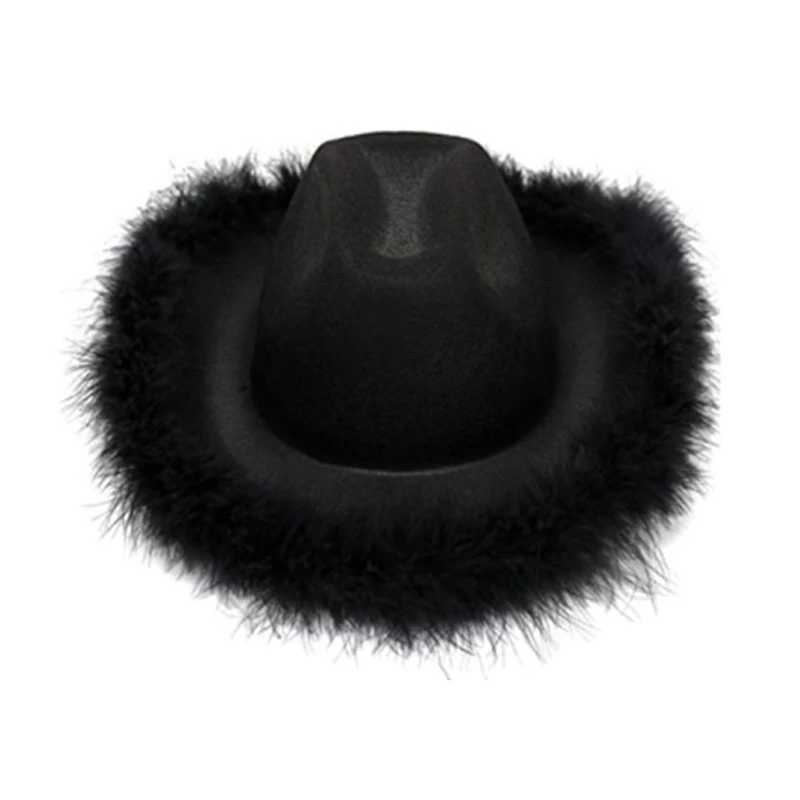 Wide Brim Hats Bucket Hats Feather Decor Fedora Womens Thick Cowboy Casual Party Performance Hat Y240425