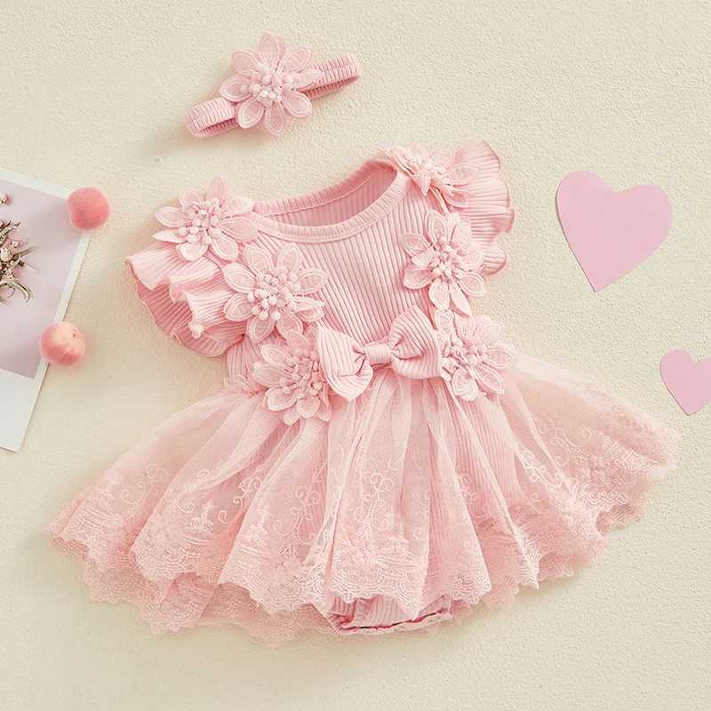 Robes de fille beqeuewll bébé fille 2 pièces tenues en dentelle en dentelle robe roberie à volants et bandeau de mode mignon vêtements d'été de mode d240425