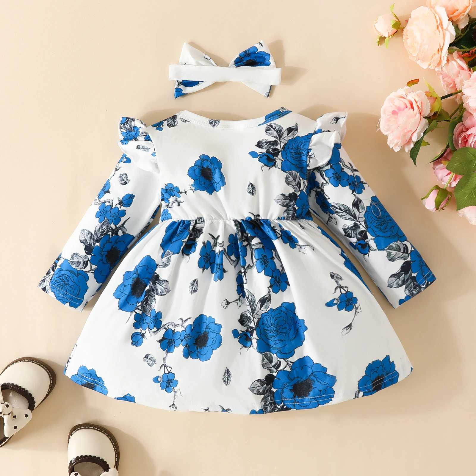 Kız elbiseler kız bebek gündelik uzun kollu çiçek baskı elbise + ücretsiz kafa bandı çocuk elbise çok renkli seçenekler seti d240425