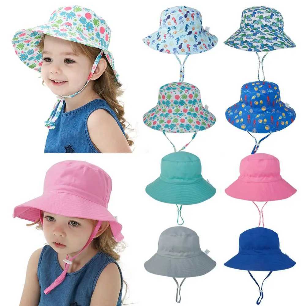 Caps Hats Swimming Hats For 0-8 Years UV Protection Neck Ear Cover Beach Cap with Adjustable Chin Strap Nice Baby Sun Hat Bucket Hat d240425