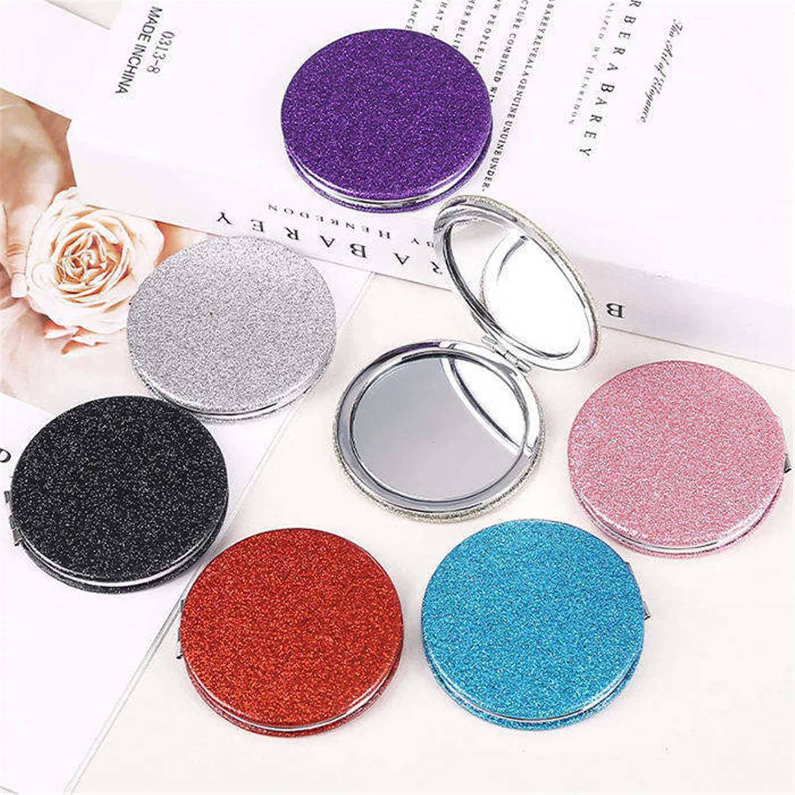 Spiegels glitter make -up spiegel pocket vouwbare dubbele make -up spiegel vrouwen compacte spiegels reis schoonheid cosmetische spiegel ronde hart