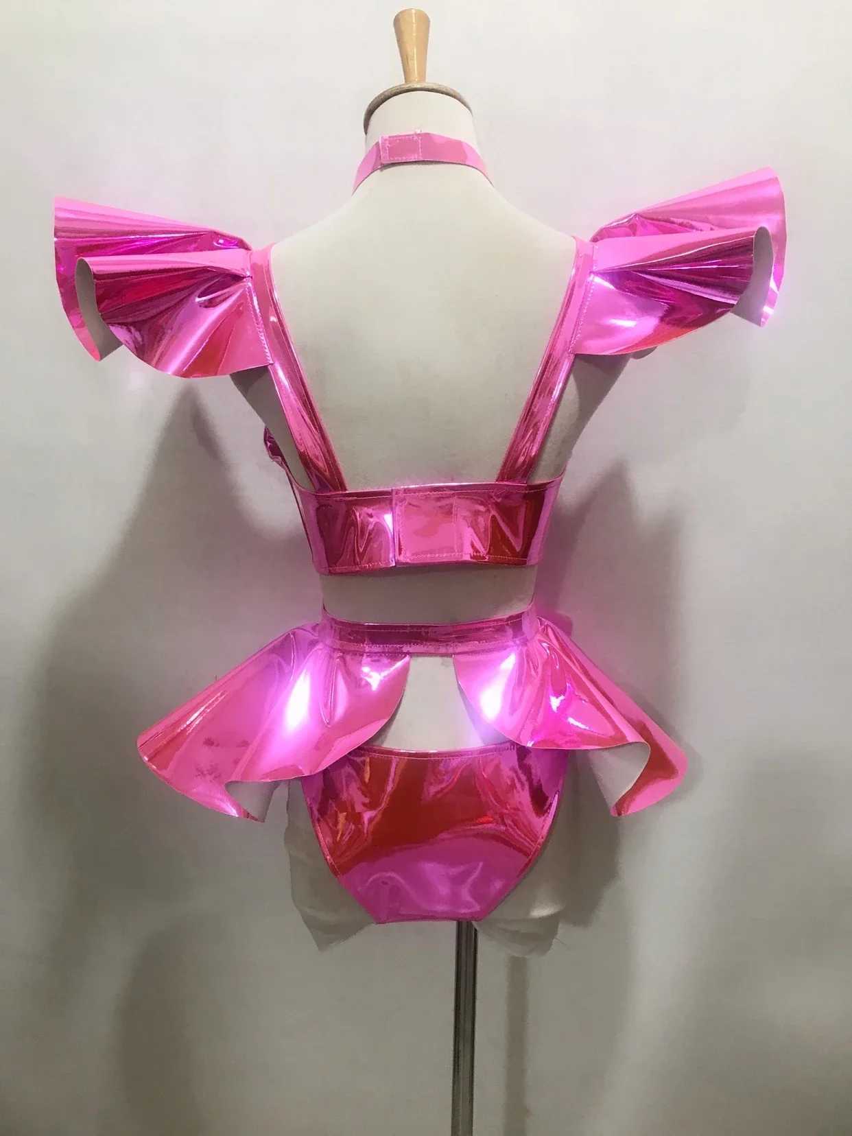 Stage Wear Silver Patent Leather Bikini Mini Rok Festival Party Show Rave Dance Outfit Fluorescent Geel Sexy Stage Performance Performance kostuum D240425