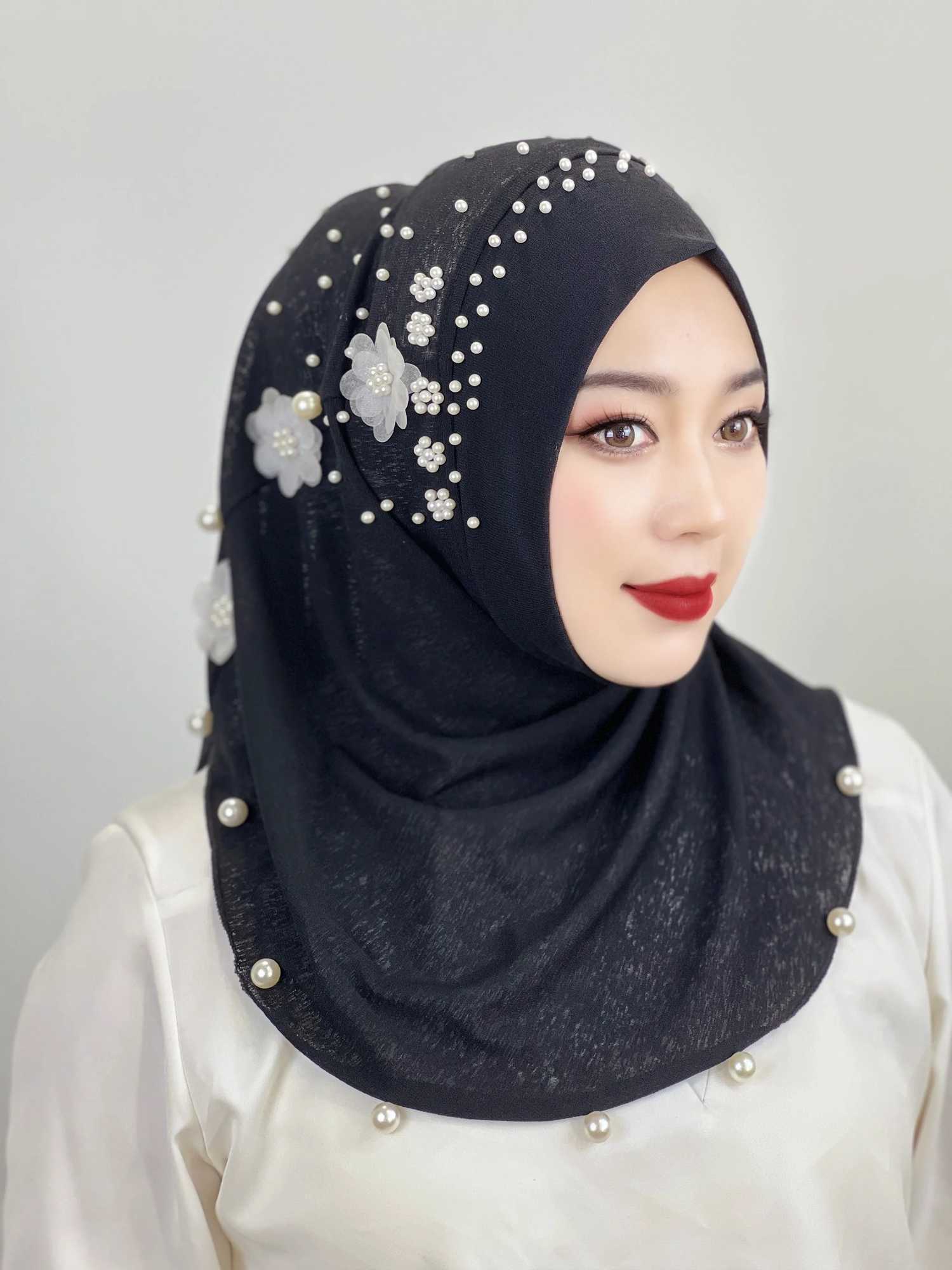 Hijabs Muslim Beaded Hijab Adult Solid Color Hat Soft Hat with Flowers Female Hijab Shawl Wrap Buni Amira Style Arab Hijab Turkey d240425