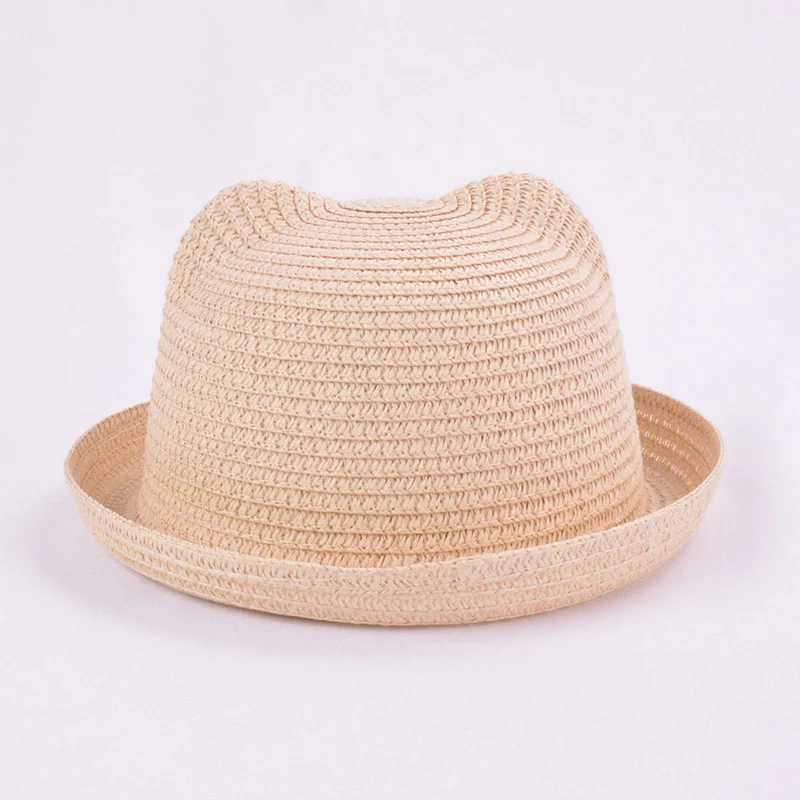 Caps Hats Fashion Lovely Girls Boys Straw Hats Headdress Summer Kids Baby Bucket Sun Hat Cute Ear Solid Floppy Beach Cap For Children d240425