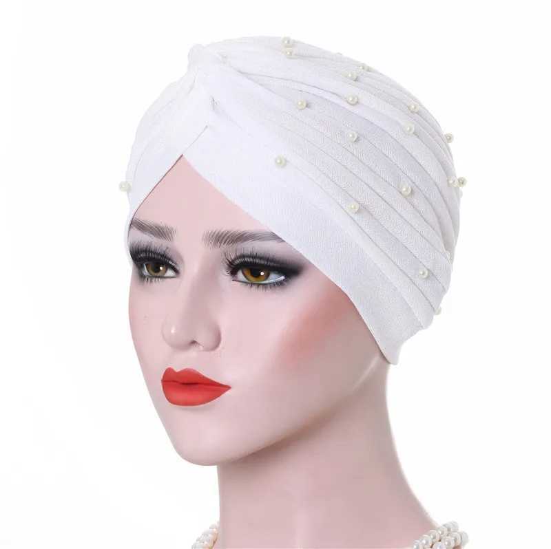 Hijabs 2020 Cotton Solid Folds Pearl Muslim Turban Scarf Women Islamic Inner Hijab Caps Arab Head Femme Musulman Turbante Mujer D240425
