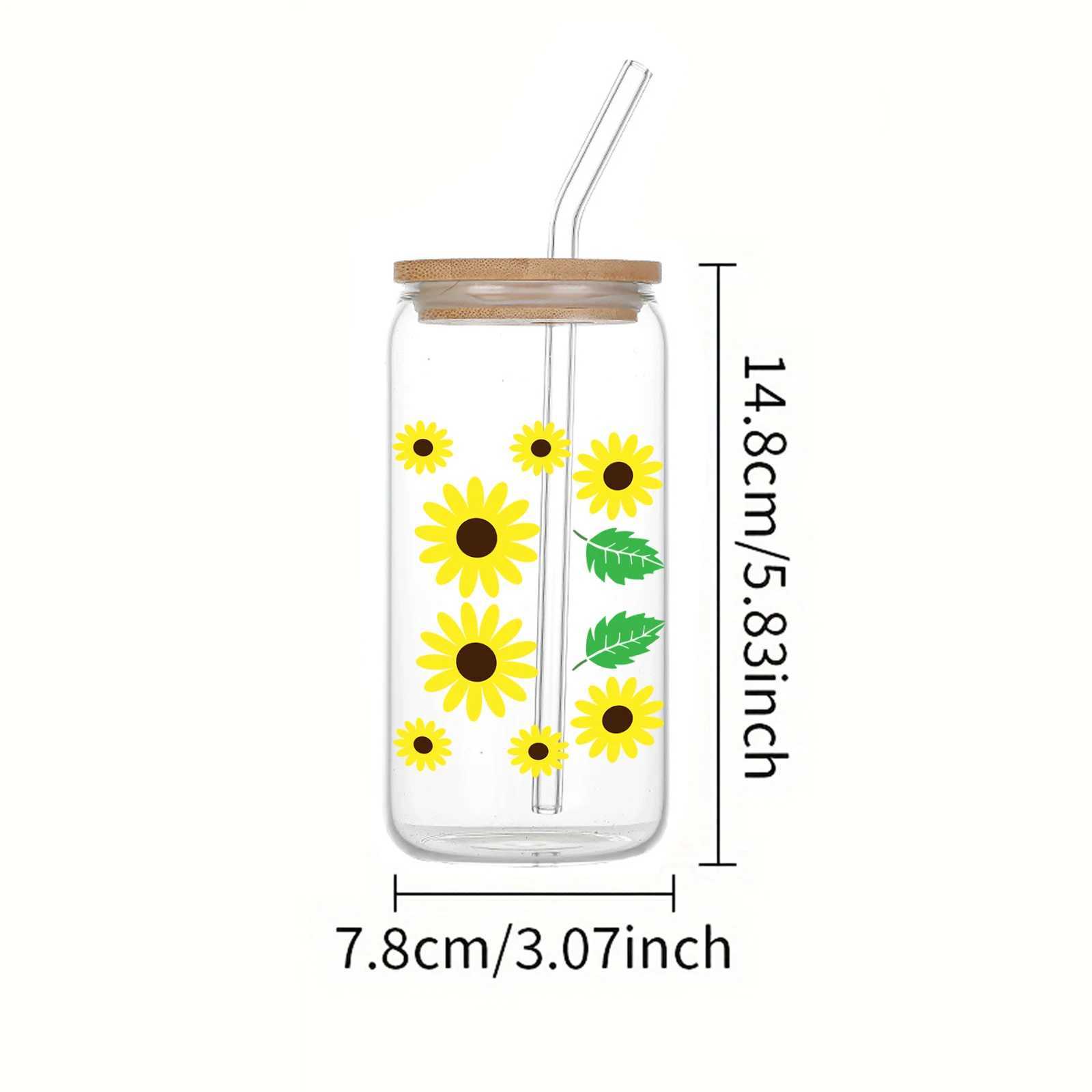 Tumblers Green Leaf Sunflower With Bamboo Lid Glass Straw Ice Cream Drink Bottle Suitable For Hot And Cold Drinks In Summer H240425