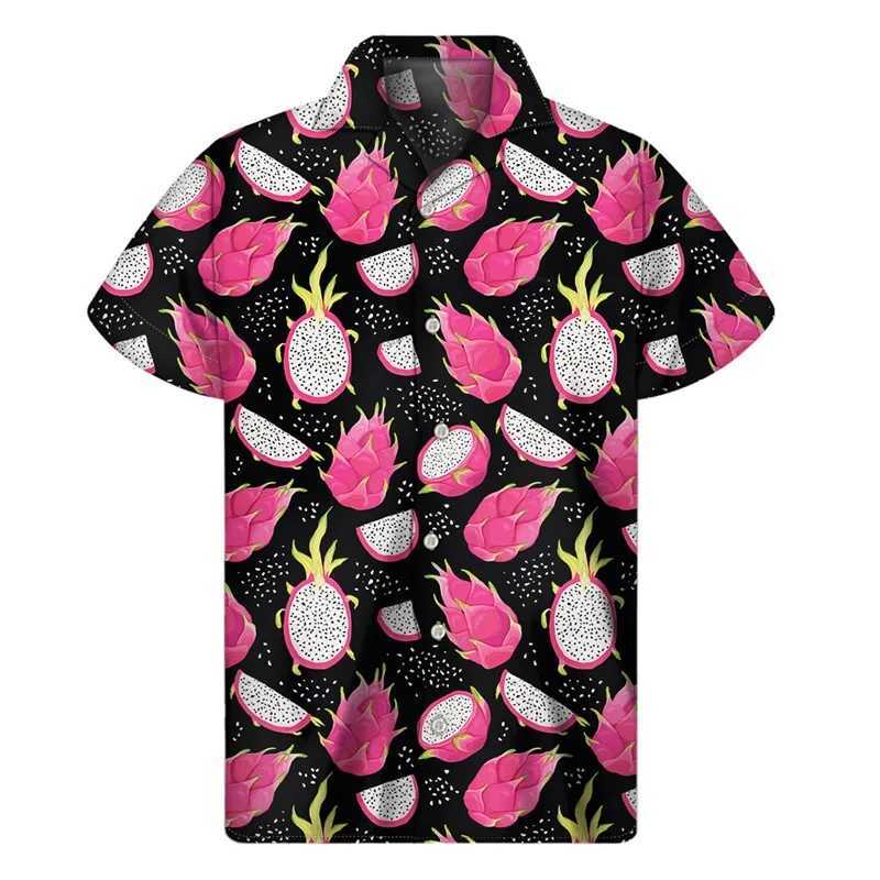 Casual shirts voor heren banaan oranje pitaya fruit grafisch shirt heren 3d print hawaiian shirts tops Hawaii strand korte mouw knop rapel aloha blouse 240424