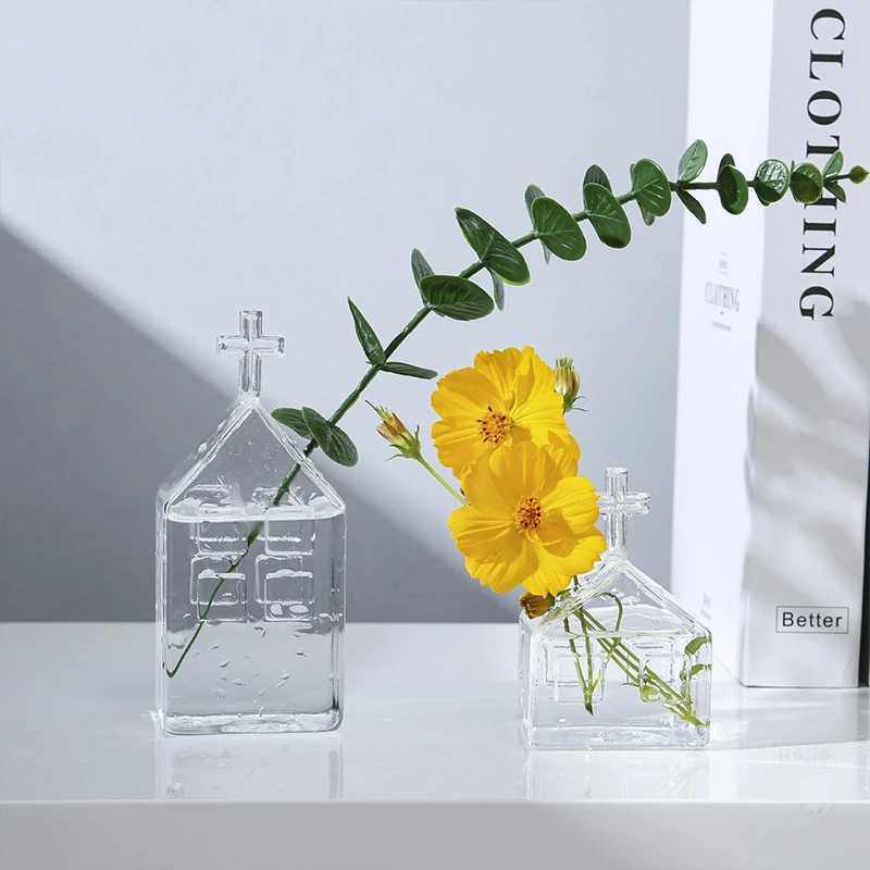 Vaser mini blomma vas kreativt husformade glasblommor flasktransparent vas för hydroponik växter vardagsrum dekoration