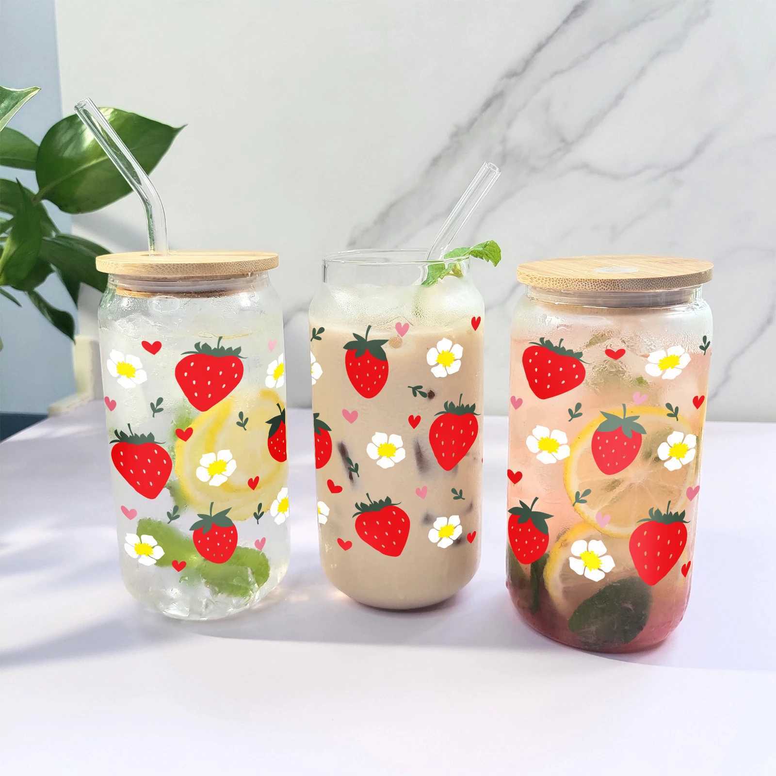 Tumblers 3D Baskı Çilek Çiçekleri16oz Cam Kupa Mason Bambu Kapak Saman Libbey Yaz Kahvesi ile Şişeleri Batarlar H240425