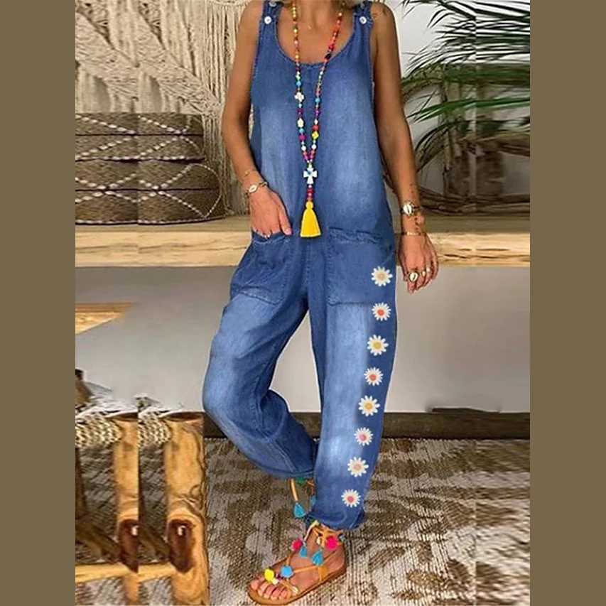 Women's Jumpsuits Rompers Imitate denim loose and casual pockets for women Y240425