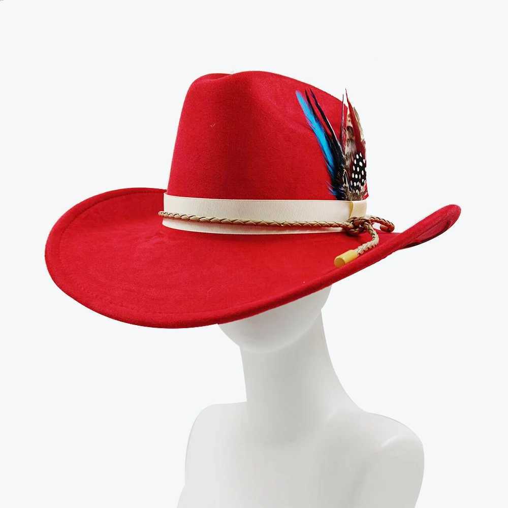 Breda randen hattar hink hattar western cowboy hatt tillbehör cowboy hatt mocka material hatt västerländsk stor grim riddare hatt unisex cowboy hatt med bred grim y240425