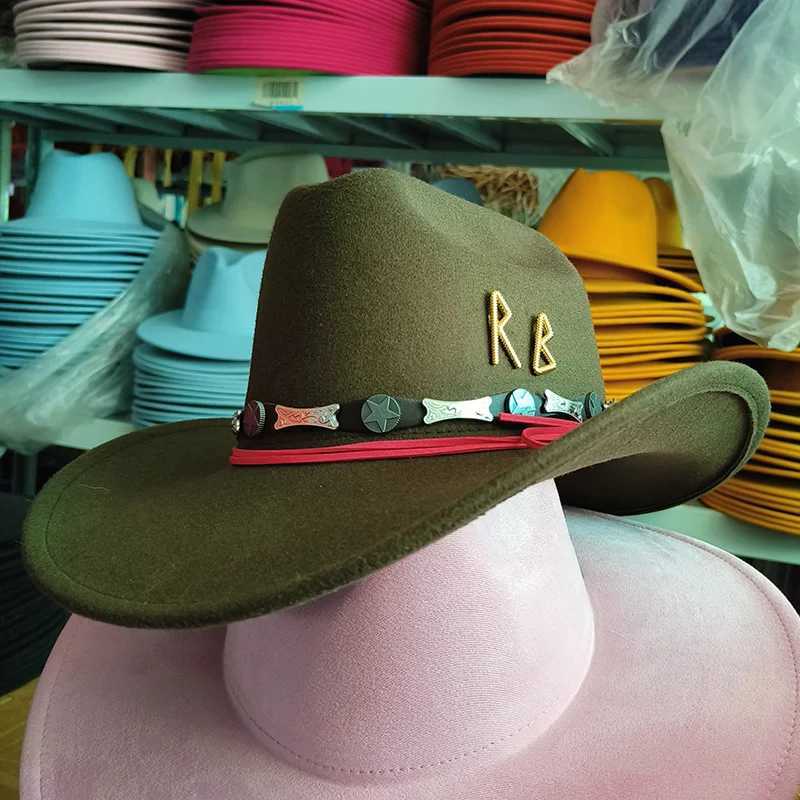 Wide Brim Hats Bucket Hats Fashion R B letters Cowboy Hat Winter Women Hat for Gentleman Jazz hat Cowgirl wide brim fashion Felt Fedora Hat sombrero hombre Y240425