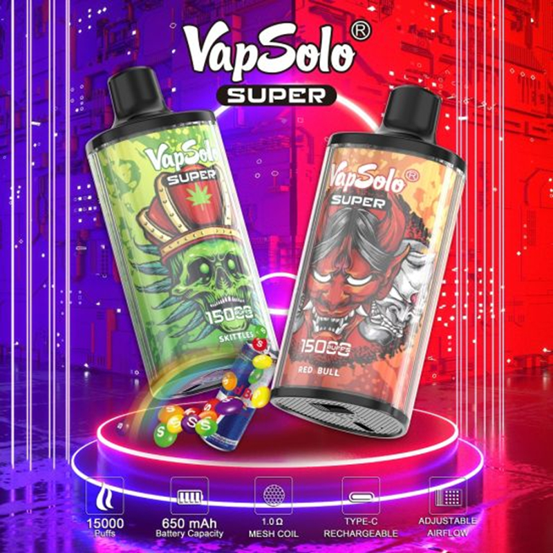 Vapsolo Super 15000 Puffs 15K Kits de vapeur de module de vape jetable Mod de vapeur Esmoke Ecigs Good Vapes Juice Vaper Wape 2% 5% Nicotine Eliquid Rechargeable Type C