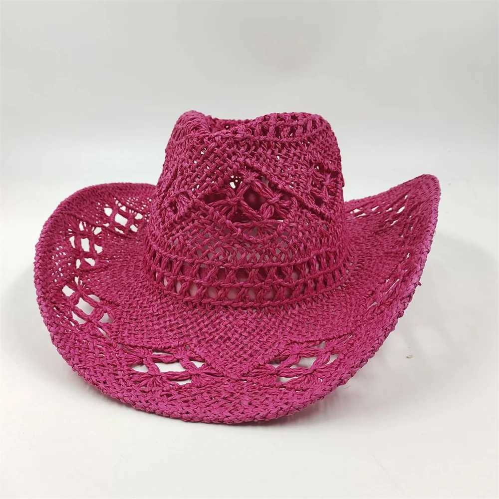 Cappelli larghi cappelli da secchio Cappelli Rose Weave Hollow Western Cowboy Cappello uomini Donne Summer Outdoor Cowgirl Beach Sun Pyrus Hat Sombrero Hombre J240425