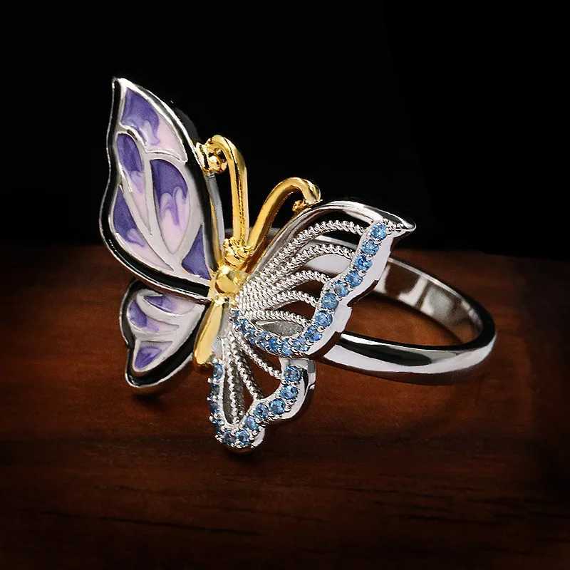 Pierścienie zespołowe luksus 925 srebrny ślub dla kobiet emalia słodki elegancki motyl niebieski cyrkon imprezowy prezent biżuterii H240425