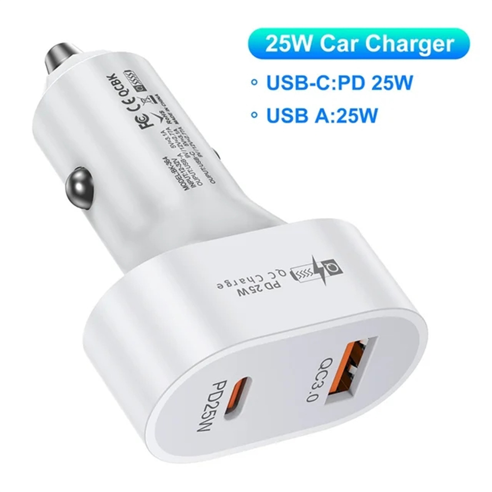 50W 2 portar PD Typ C Square USB Car Charger Snabbladdning QC3.0 Snabbladdningsbil USB -laddare för iPhone 15 14 Plus 13 12 11 Samsung S24 S23 S22 Xiaomi med detaljhandelspaket